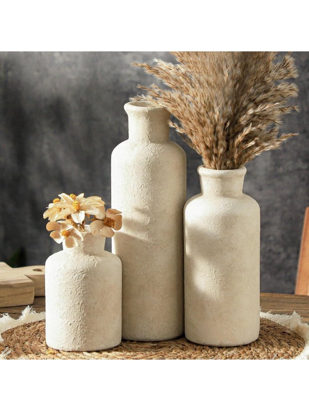 Whitewashed Ceramic Flower Vases Set of 3 Farmhouse Living Room Kitchen Decor